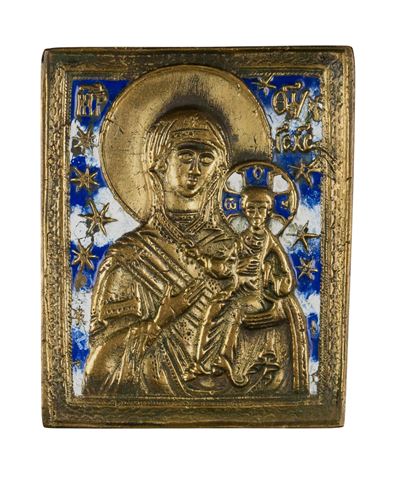 Icona da viaggio della Madonna di Smolensk, fusione in bronzo e smalti policromi (XIX secolo)