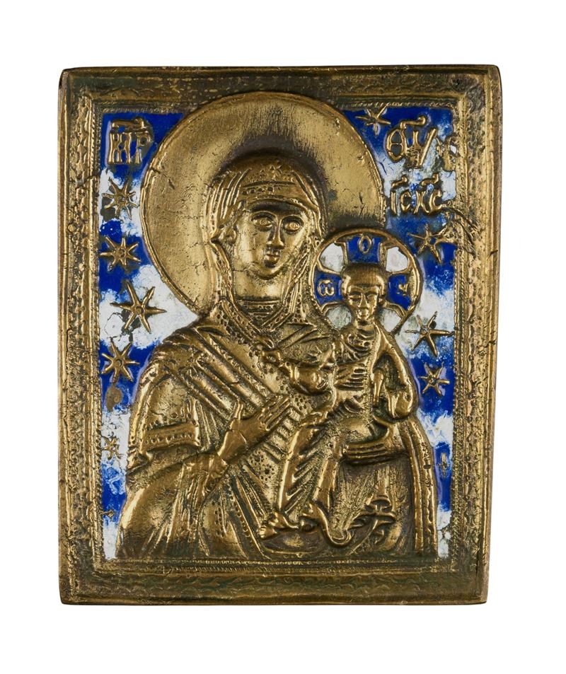 Icona da viaggio della Madonna di Smolensk, fusione in bronzo e smalti policromi (XIX secolo)