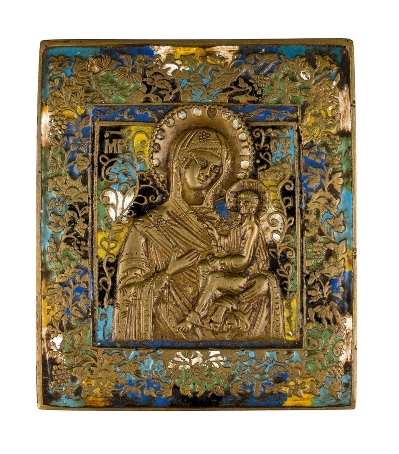Madonna di Tichvin, icona da viaggio, fusione in bronzo con smalti policromi (XIX secolo)