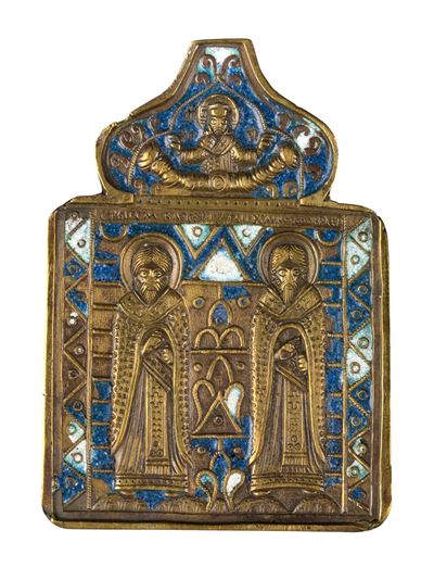 Icona da viaggio con Due Santi, fusione in bronzo e smalti policromi, XVIII secolo