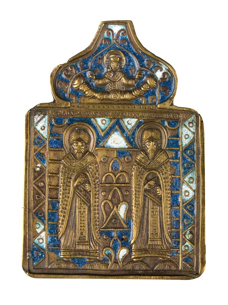 Icona da viaggio con Due Santi, fusione in bronzo e smalti policromi, XVIII secolo