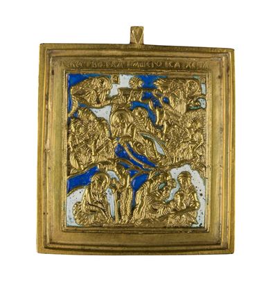 Icona da viaggio, Natività, fusione in bronzo con smalti policromi (inizio XX secolo)