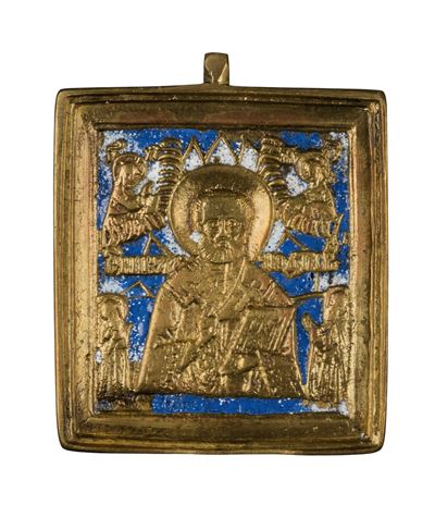 Icona da viaggio di San Nicola di Mira, fusione in bronzo con smalti policromi,  XIX secolo