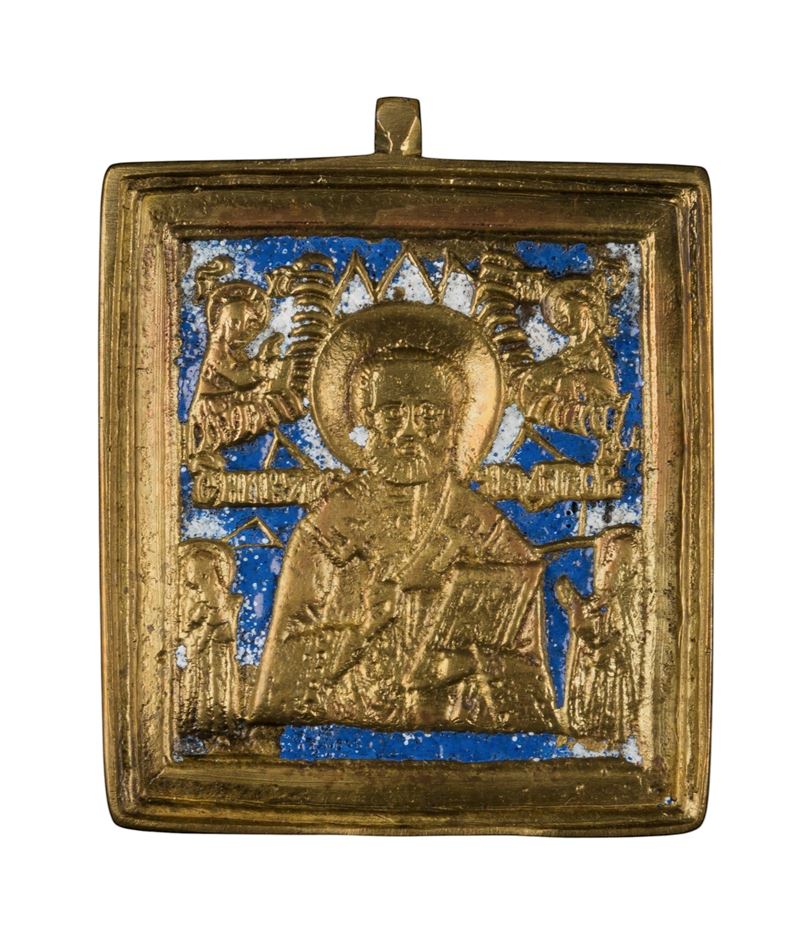 Icona da viaggio di San Nicola di Mira, fusione in bronzo con smalti policromi,  XIX secolo