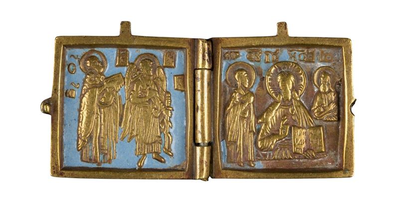 XIX secolo, Piccolo dittico da viaggio in fusione di bronzo con smalti policromi