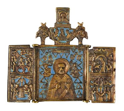 XIX secolo, Trittico da viaggio con San Nicola di Mira, fusione in bronzo e smalti policromi
