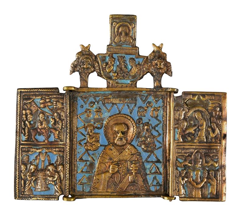 XIX secolo, Trittico da viaggio con San Nicola di Mira, fusione in bronzo e smalti policromi