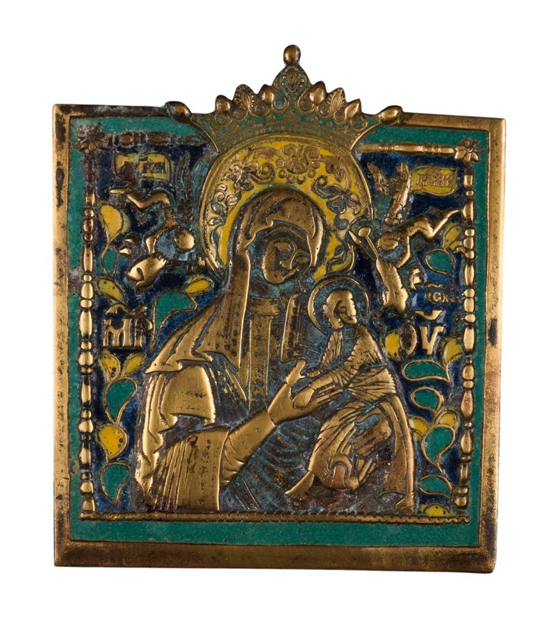 Icona da viaggio raffigurante l’Odighitria, fusione in bronzo con smalti policromi (inizio XX sec...