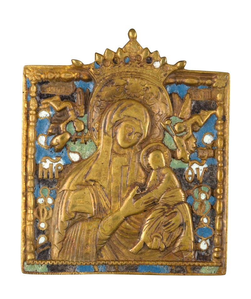 Fusione in bronzo e smalti policromi, Icona da viaggio con Odighitria e simboli della Passione (i...