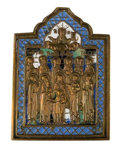 Fusione in bronzo e smalti policromi, Icona da viaggio con i santi Quirico e Giulitta