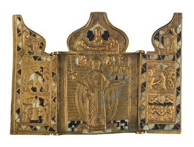 Trittico da viaggio raffigurante San Nicola di Mozhaisk, fusione in bronzo e smalti policromi (XI...