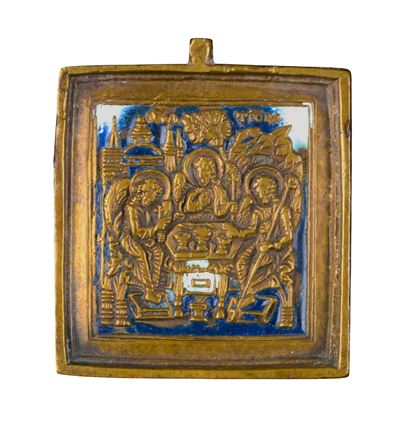 Fusione in bronzo e smalti policromi, Piccola icona da viaggio raffigurante l’allegoria della Tri...