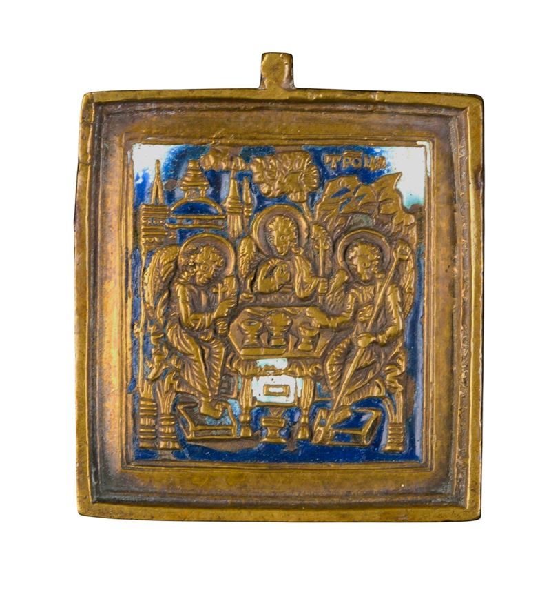 Fusione in bronzo e smalti policromi, Piccola icona da viaggio raffigurante l’allegoria della Tri...
