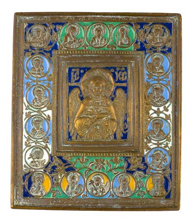 XIX secolo, Icona da viaggio raffigurante il Beato Silenzio, fusione in bronzo e smalti policromi