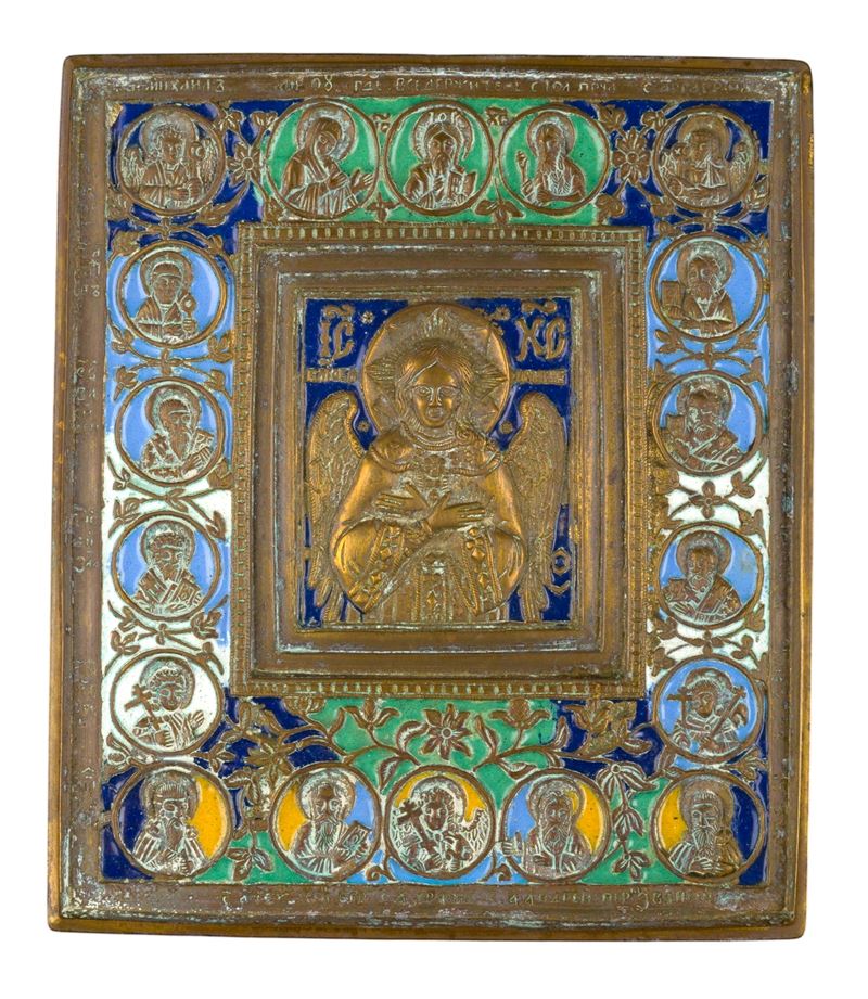 XIX secolo, Icona da viaggio raffigurante il Beato Silenzio, fusione in bronzo e smalti policromi