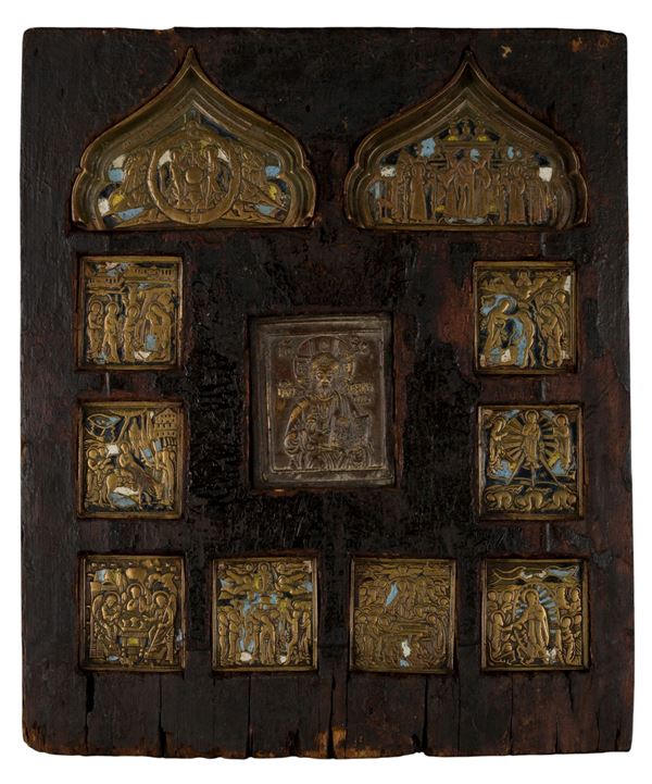 Wooden panel with applied metal icons