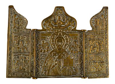 XIX secolo, Trittico da viaggio raffigurante San Nicola e le sue feste, fusione in bronzo