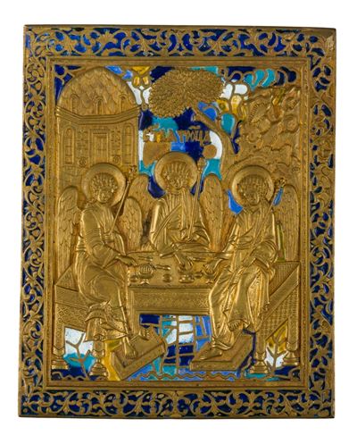 XIX secolo, Grande icona da viaggio con Allegoria della Trinità, fusione in bronzo e smalti polic...