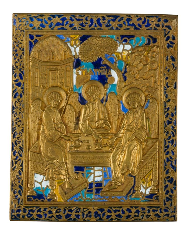 XIX secolo, Grande icona da viaggio con Allegoria della Trinità, fusione in bronzo e smalti polic...