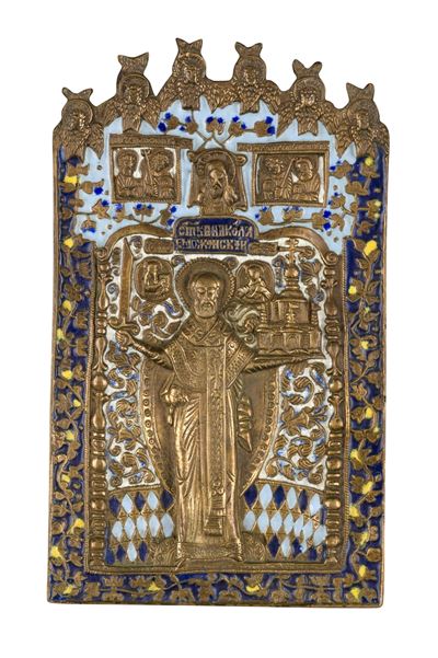 XIX secolo, Icona da viaggio raffigurante San Nicola di Mozhaisk, fusione in bronzo con smalti po...