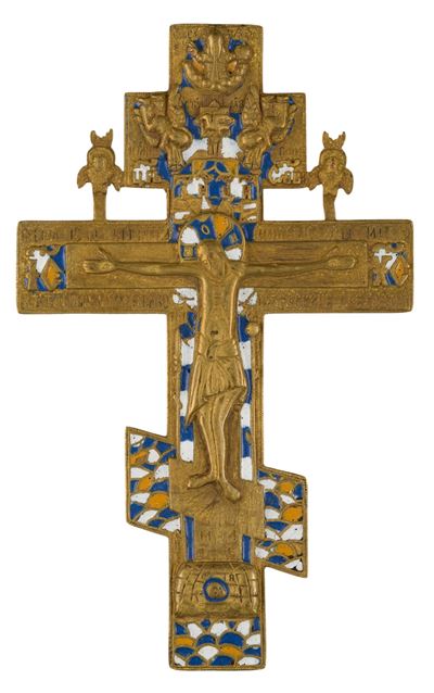 XIX secolo, Croce da kiot in fusione di bronzo con smalti policromi