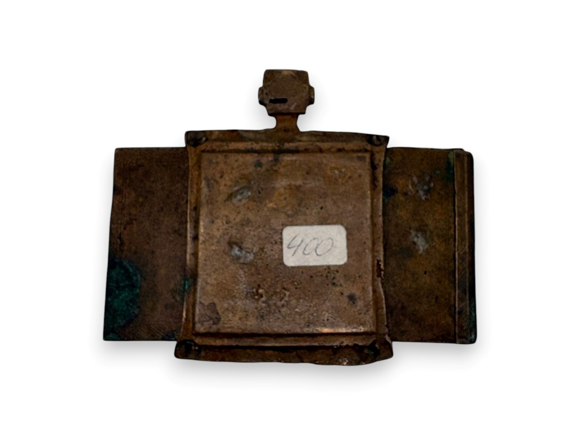 XIX secolo, Trittico da viaggio raffigurante la Deesis allargata in fusione di bronzo con smalti ...