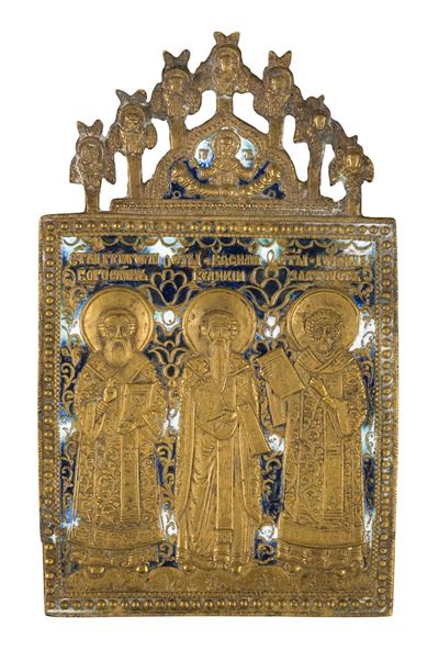 Fusione in bronzo e smalti policromi, Icona da viaggio raffigurante i Tre Santi Gerarchi (XIX sec...