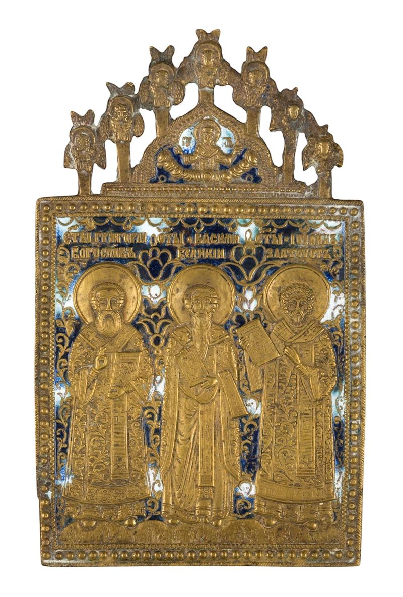 Fusione in bronzo e smalti policromi, Icona da viaggio raffigurante i Tre Santi Gerarchi (XIX sec...
