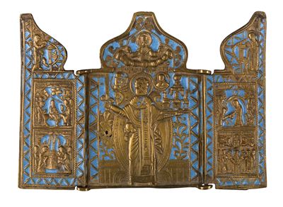 Trittico da viaggio raffigurante San Nicola di Mozajsk, fusione in bronzo con smalti policromi (X...