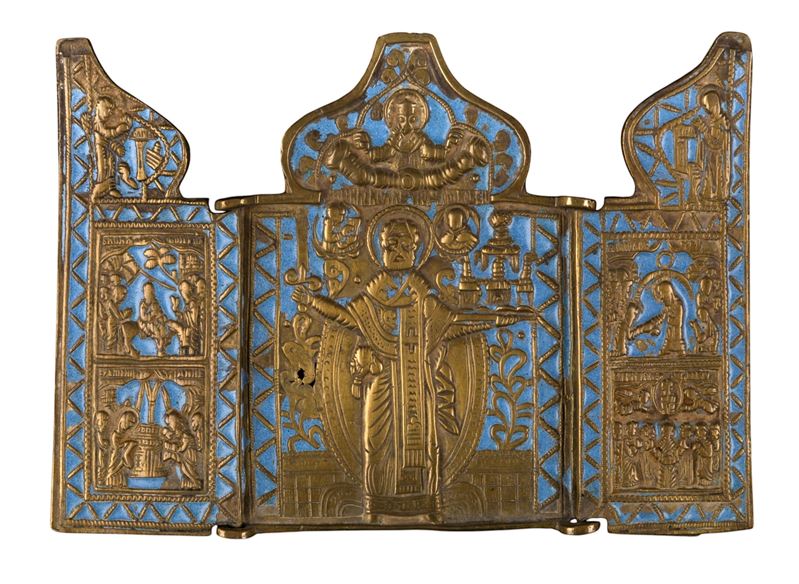 Trittico da viaggio raffigurante San Nicola di Mozajsk, fusione in bronzo con smalti policromi (X...