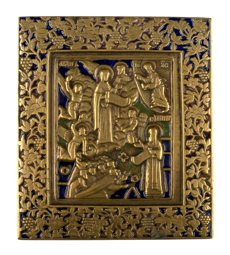 Icona da viaggio raffigurante la Madonna Bogoljubskaja, fusione in bronzo con smalti policromi (X...