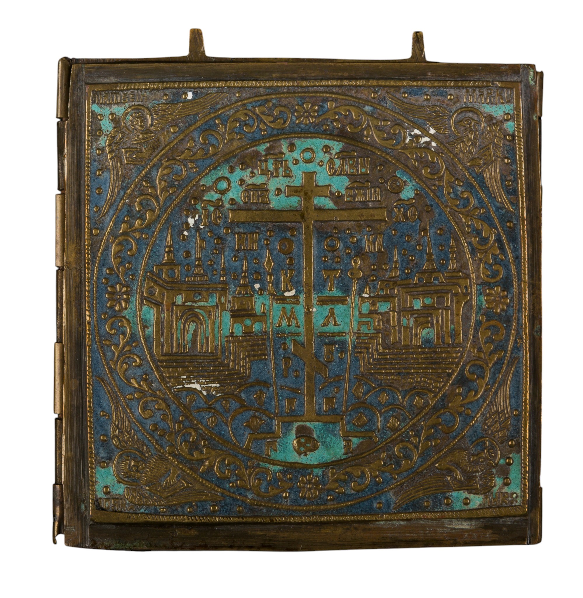 Trittico da viaggio raffigurante la Deesis, fusione in bronzo con smalti policromi (XIX secolo)