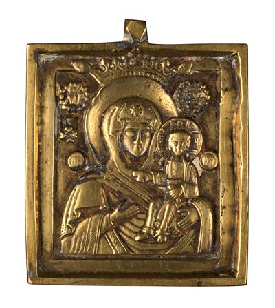 Madre di Smolensk, piccola icona da viaggio, fusione in bronzo (XIX secolo)