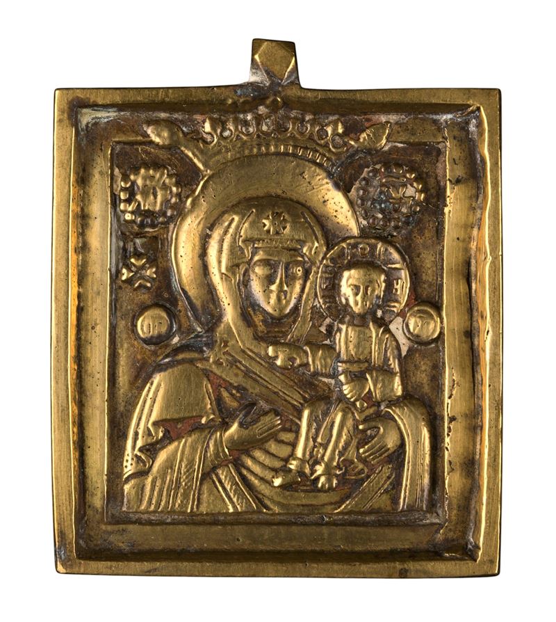 Madre di Smolensk, piccola icona da viaggio, fusione in bronzo (XIX secolo)