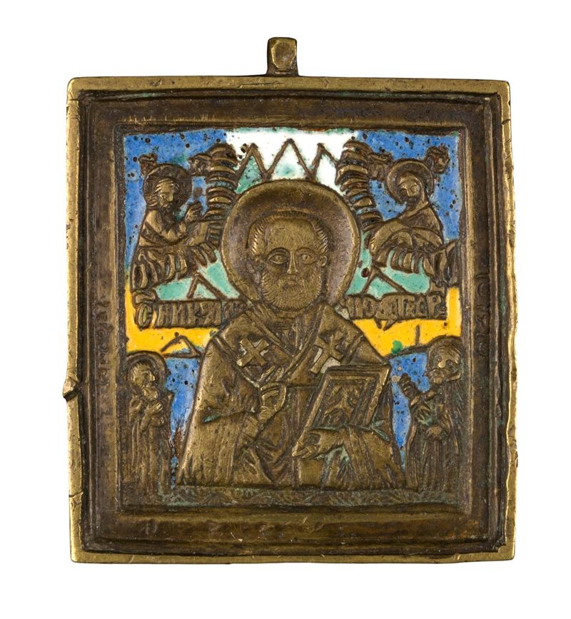 San Nicola di Mira, icona da viaggio in fusione di bronzo e smalti policromi (XIX secolo)