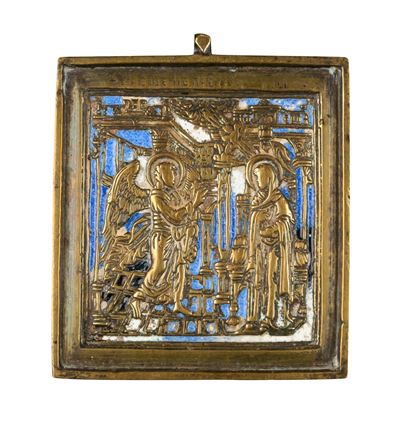 XIX secolo, Icona da viaggio dell’Annunciazione (fusione in bronzo e smalti policromi)