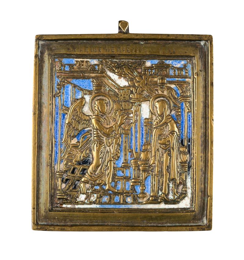 XIX secolo, Icona da viaggio dell’Annunciazione (fusione in bronzo e smalti policromi)