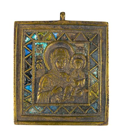 XIX secolo, Piccola icona da viaggio raffigurante la Madonna di Smolensk, fusione in bronzo e sma...