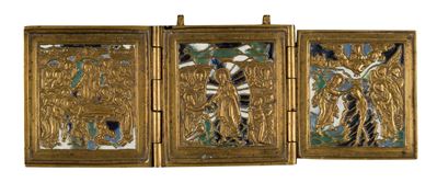 Trittico da viaggio raffigurante le Feste, fusione in bronzo con smalti policromi, XIX secolo