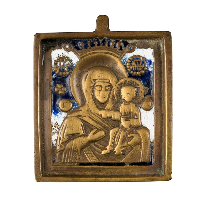 Madonna di Smolensk, icona da viaggio in fusione di bronzo con smalti policromi, XIX secolo