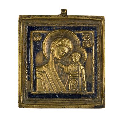 Fusione in bronzo e smalti policromi, Icona da viaggio raffigurante la Madonna di Kazan (XIX seco...