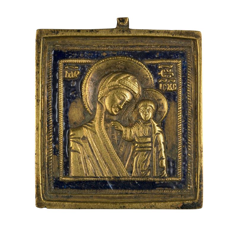 Fusione in bronzo e smalti policromi, Icona da viaggio raffigurante la Madonna di Kazan (XIX seco...