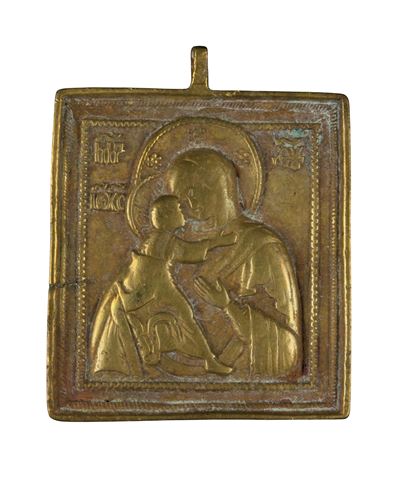 Icona da viaggio raffigurante la Vergine Eleousa, fusione in bronzo,  XIX secolo