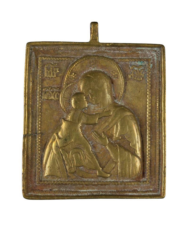 Icona da viaggio raffigurante la Vergine Eleousa, fusione in bronzo,  XIX secolo