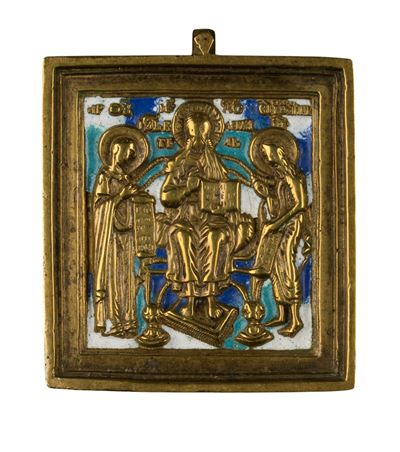Icona devozionale, raffigurazione della Deesis, fusione in bronzo con smalti policromi (XIX secol...