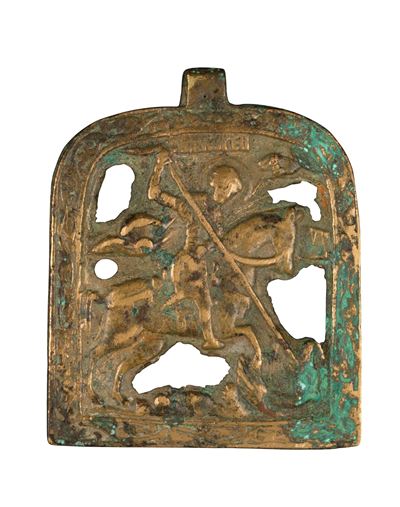 Icona pettorale raffigurante San Giorgio, fusione in bronzo con smalti policromi (XIX secolo)