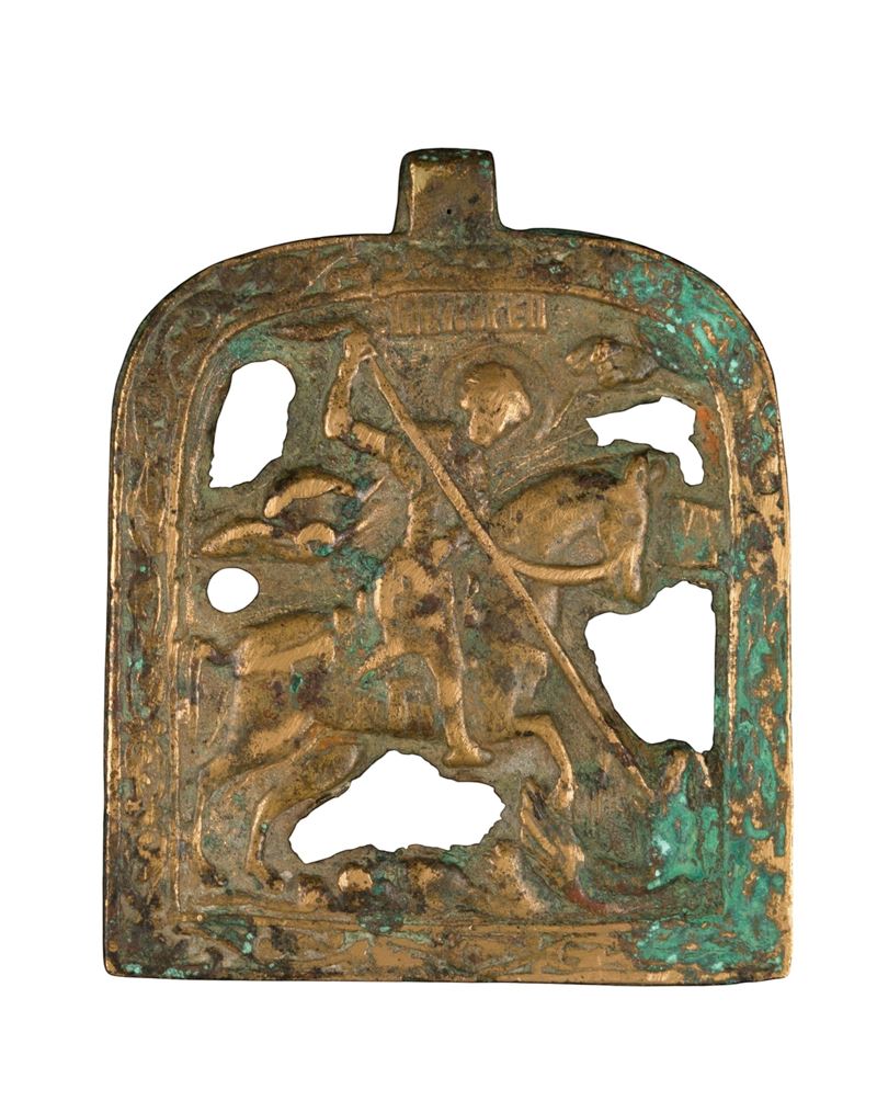Icona pettorale raffigurante San Giorgio, fusione in bronzo con smalti policromi (XIX secolo)