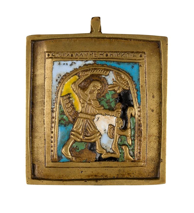 Icona da viaggio di San Niceta che abbatte il demonio, fusione in bronzo e smalti policromi (XIX ...