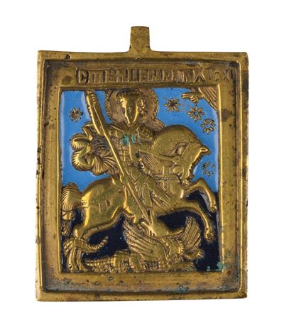 Fusione in bronzo e smalti policromi, Piccola icona da viaggio raffigurante San Giorgio (XIX seco...