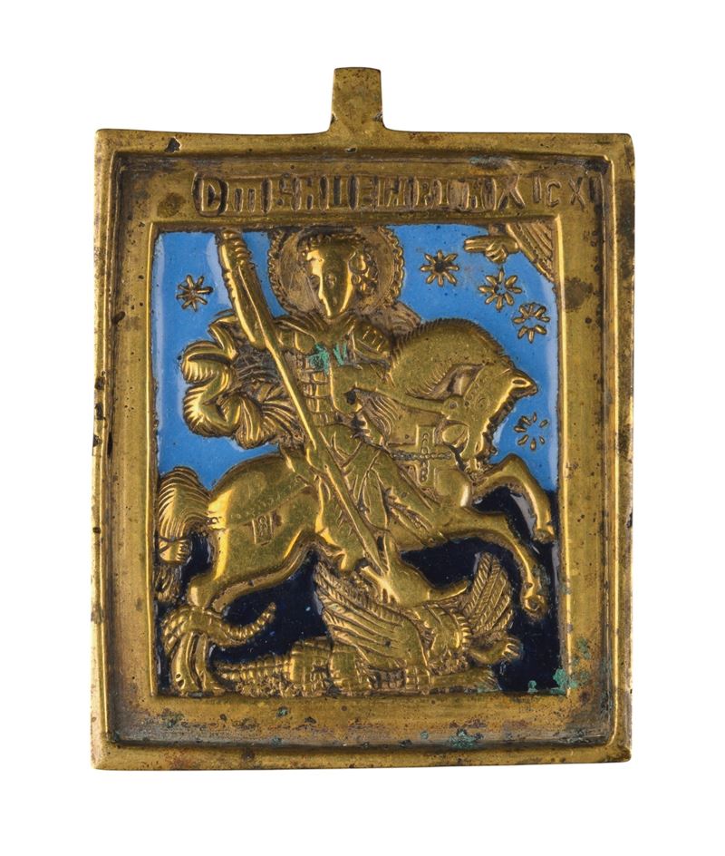 Fusione in bronzo e smalti policromi, Piccola icona da viaggio raffigurante San Giorgio (XIX seco...